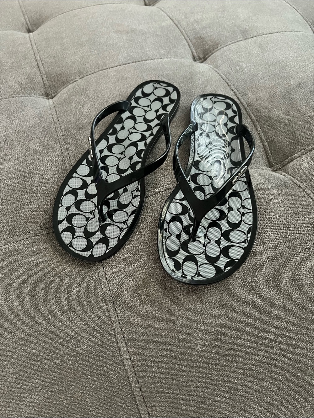 Coach Black and Silver Signature Jelly Flip Flops